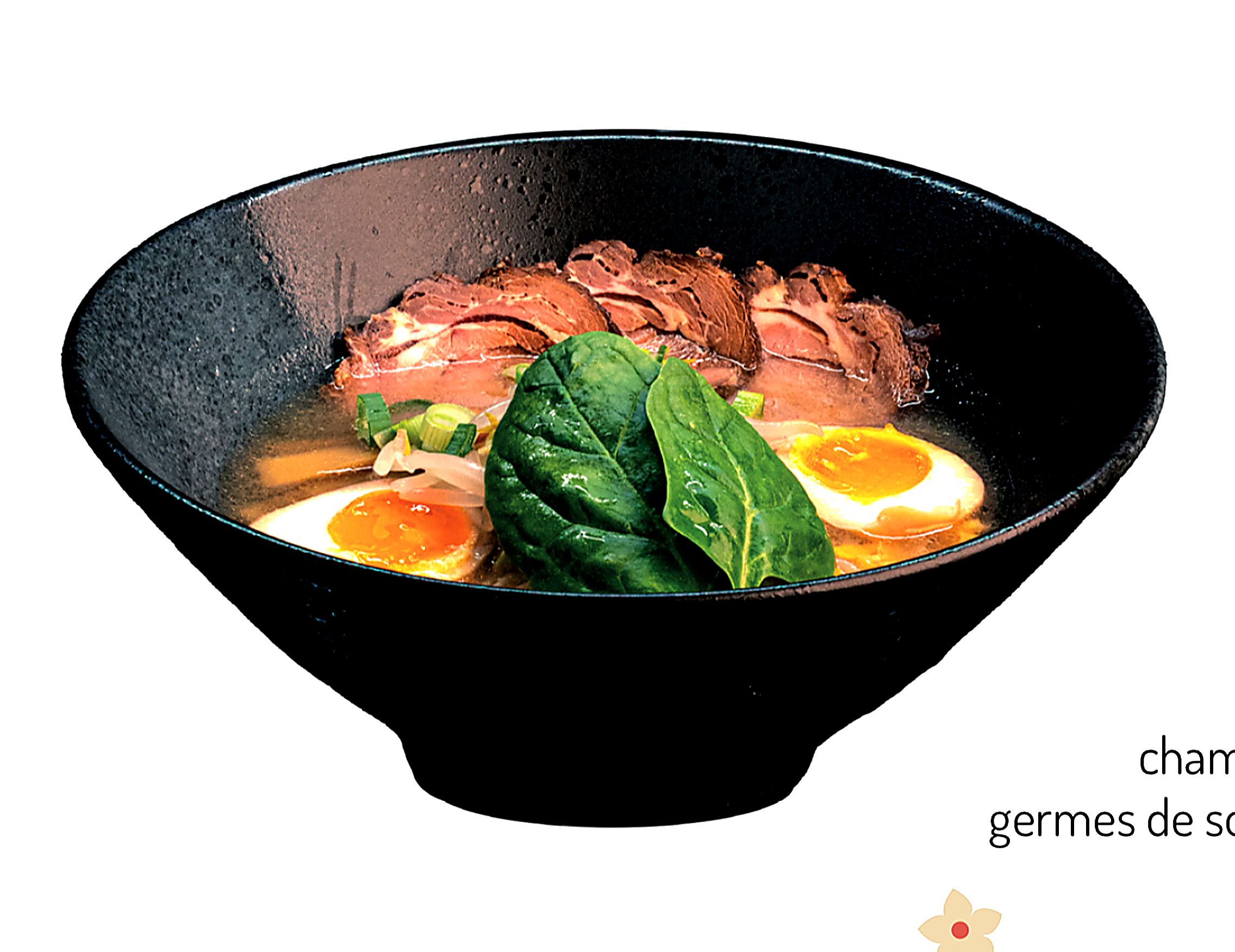 Bol de ramen avec chashu, épinards et œuf mollet